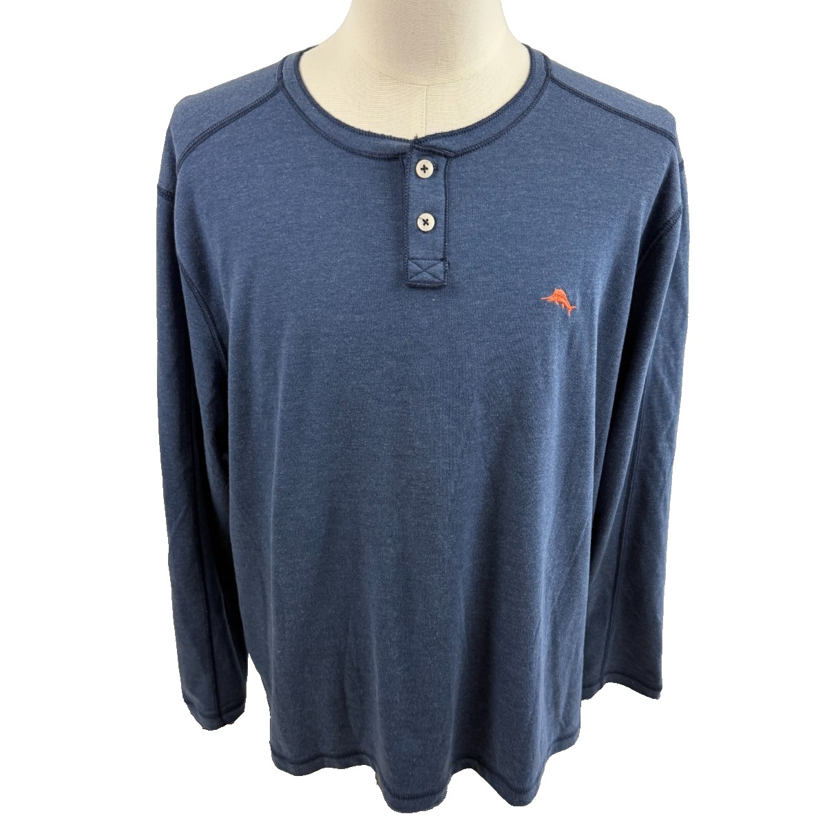 Tommy Bahama Mens Blue Heathered Long Sleeve Henley Marlin Logo Shirt Xxl